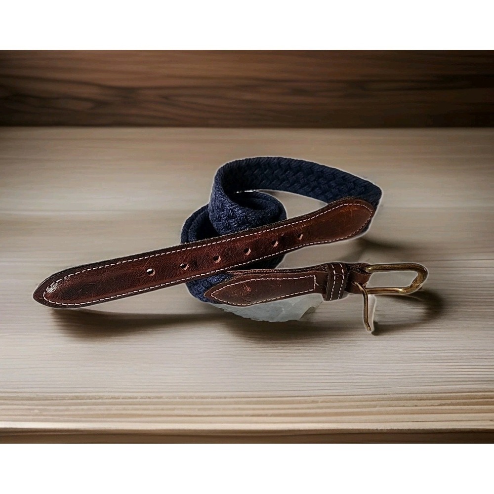 VTG Dockers Men's 32" Navy Braided Belt w/Brown Leather & Brass Buckle Retro EUC